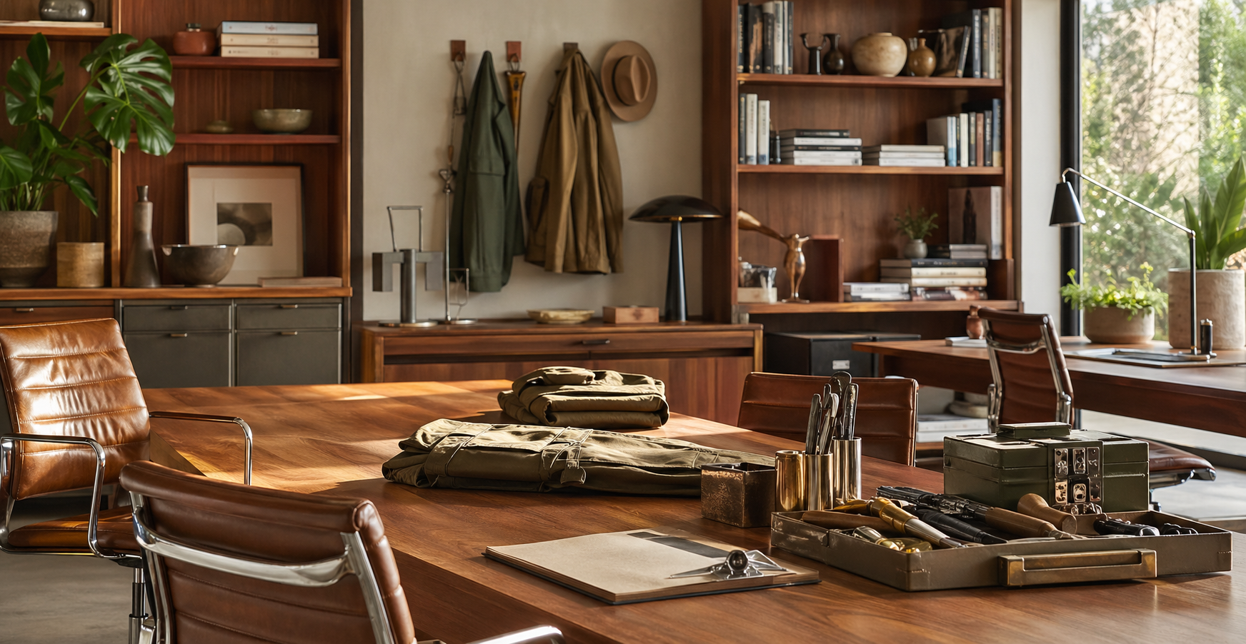 Mid-century modern studio office with work jackets, tools, and warm editorial lighting
