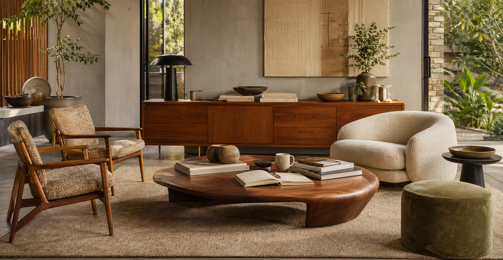 Mid-century modern consultation lounge with sculptural seating, books, and an open notebook