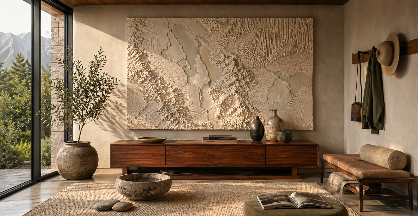 Mid-century modern entry gallery with an abstract regional relief wall map and warm natural materials