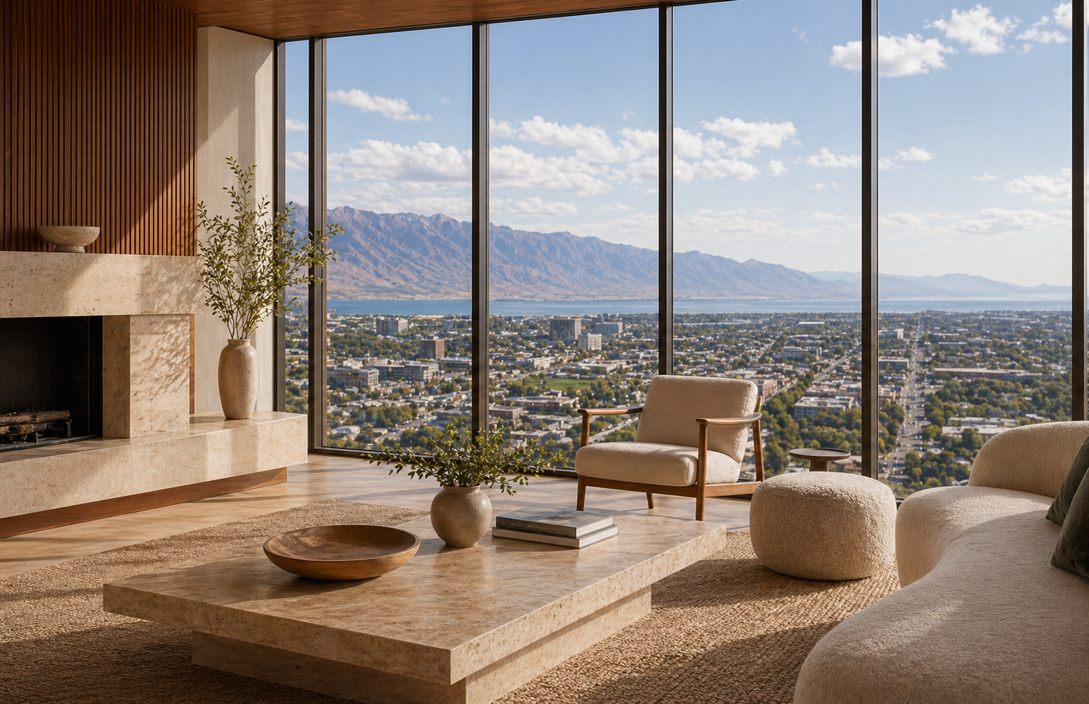 Elevated city view over Layton with mountains and open sky beyond