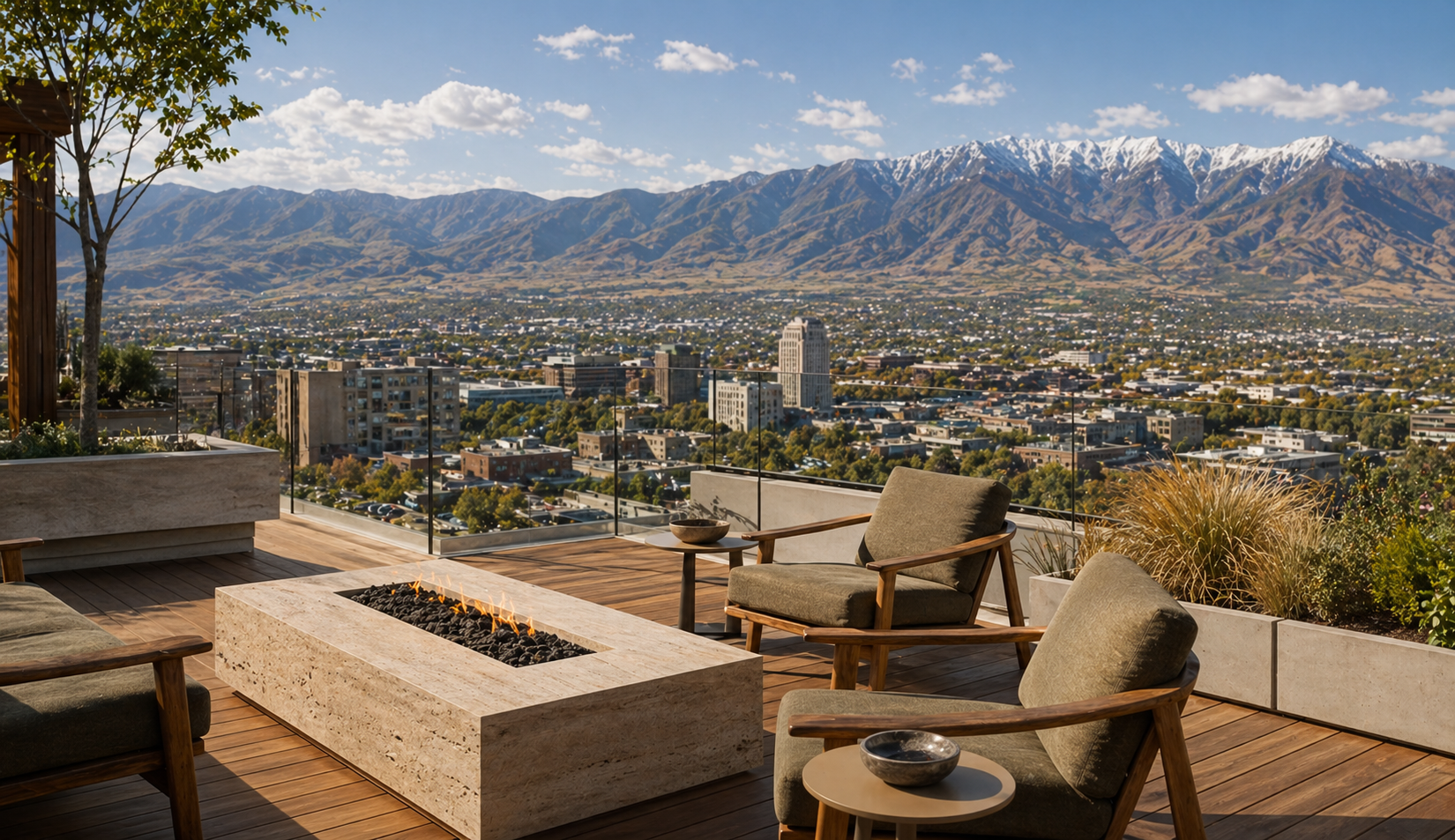 Rooftop terrace city view over Ogden with the Wasatch mountain wall beyond