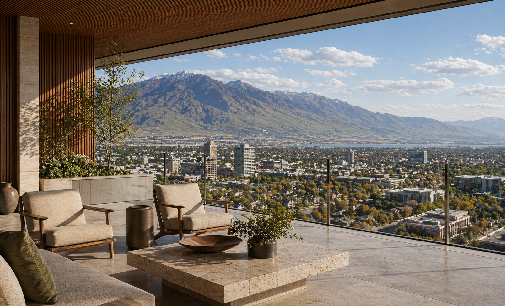 Open loggia city view over Provo and Utah Valley with mountains beyond