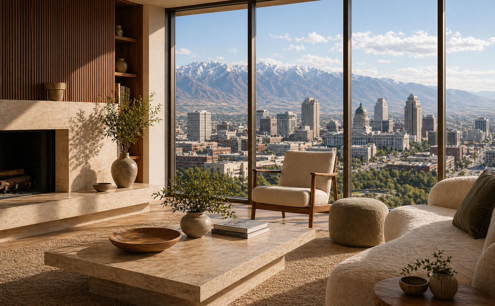 Elevated skyline view over downtown Salt Lake City from a warm modern interior