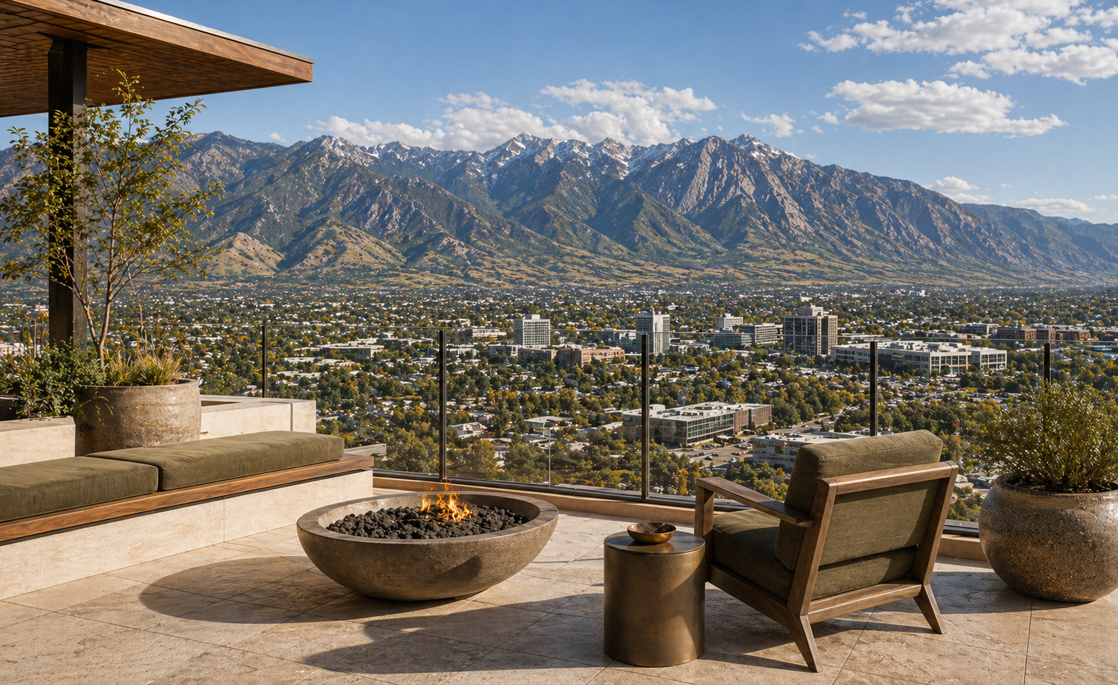 Penthouse terrace city view over Sandy with the Wasatch mountains rising nearby