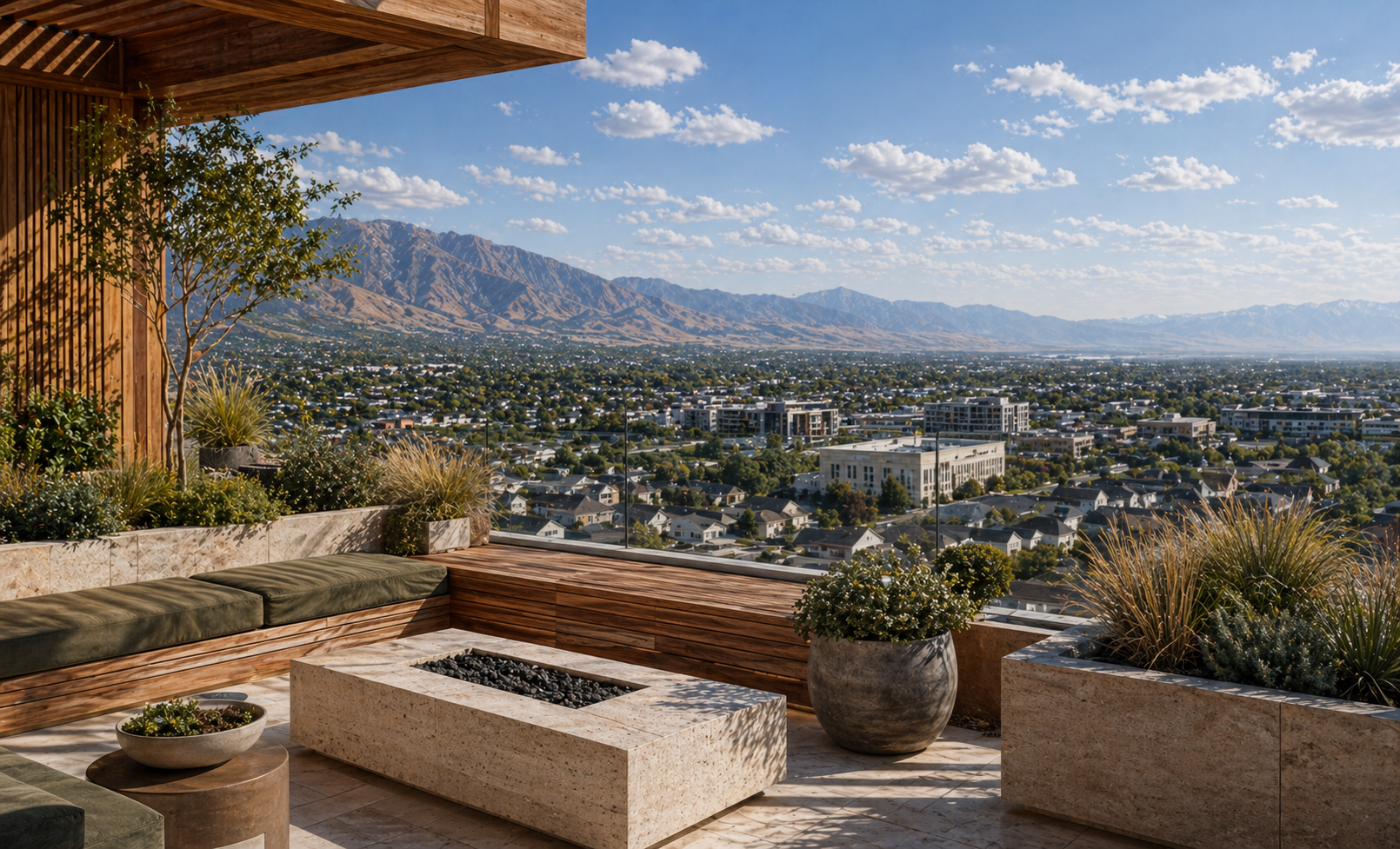 Rooftop garden city view over South Jordan and the southwest valley
