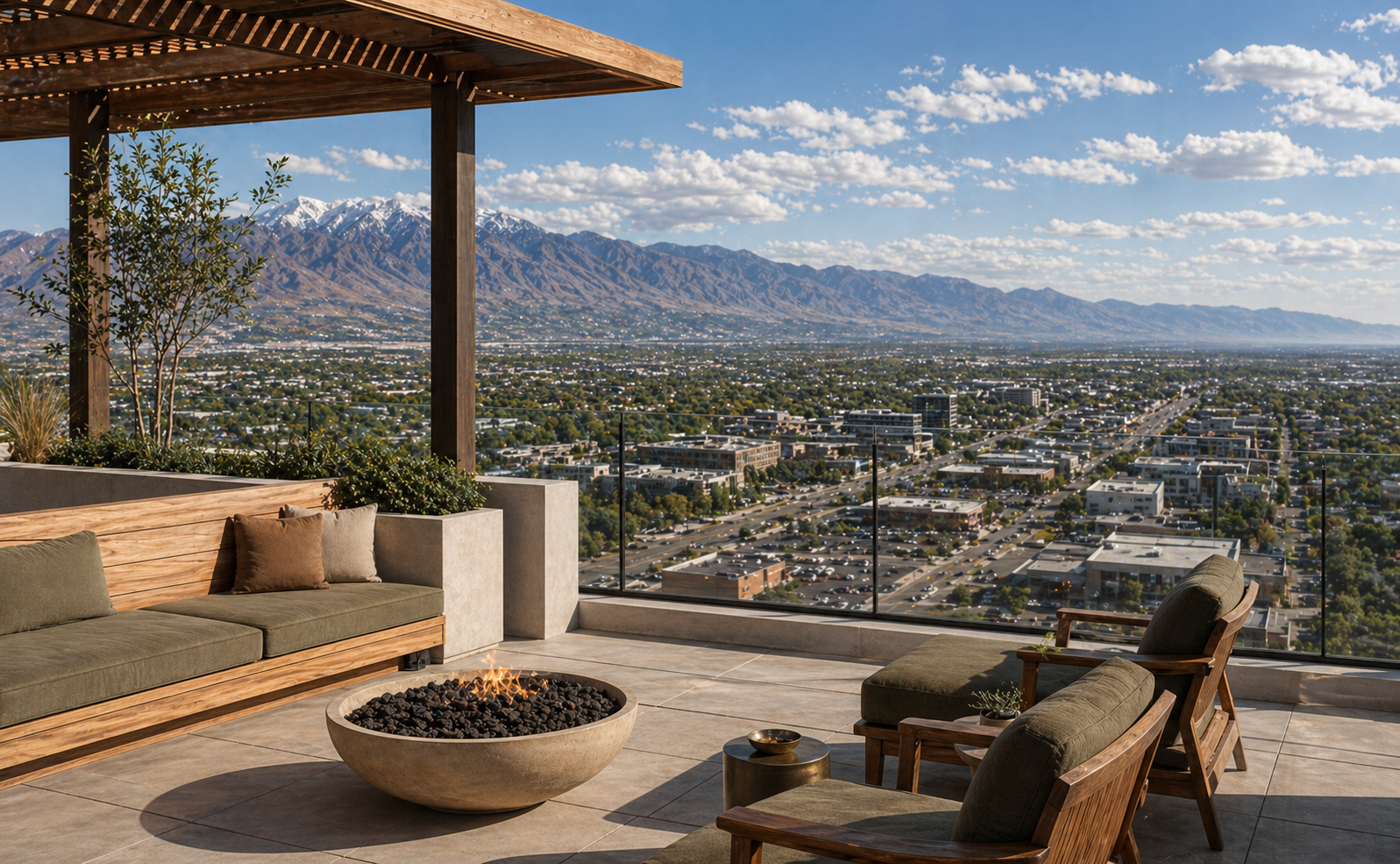 Midrise roof deck city view over Taylorsville and the central valley