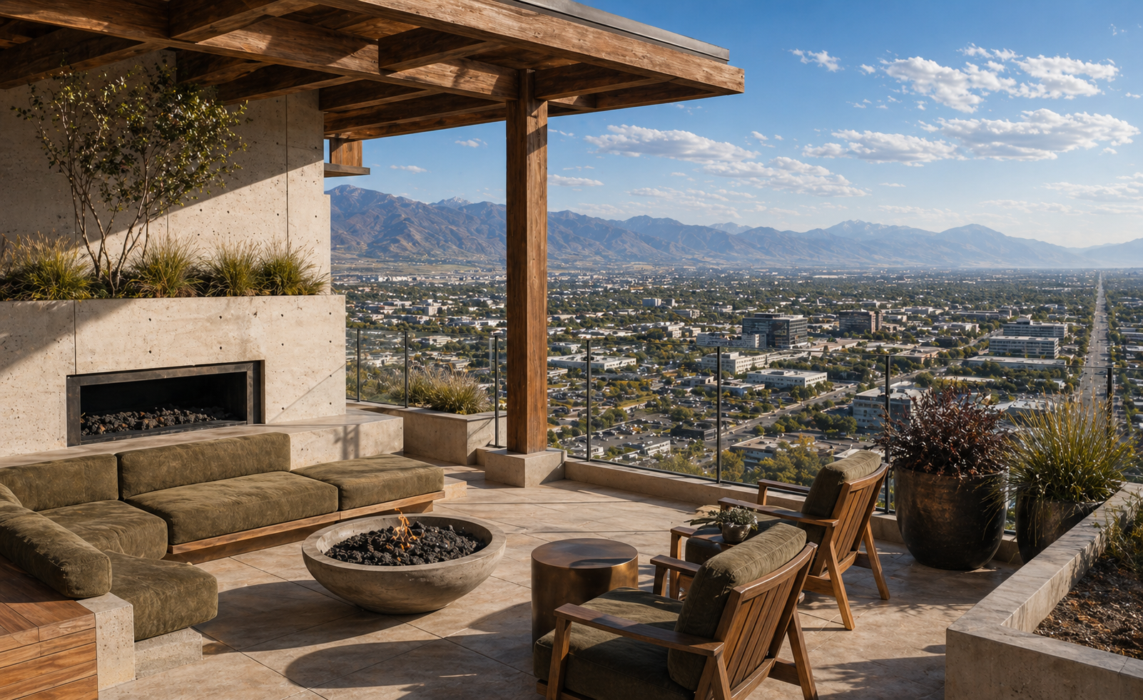 Rooftop pavilion city view over West Valley City and the west-side grid